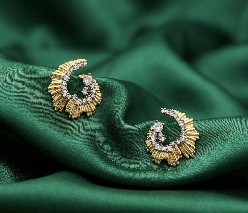 Art Deco Hoop Earrings Gold Molten Sunburst Fan Ribbed Textured Pave Abstract